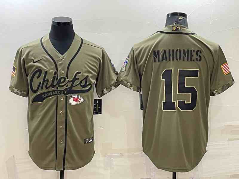 Men's Kansas City Chiefs #15 Patrick Mahomes 2022 Olive Salute to Service Cool Base Stitched Baseball Jersey
