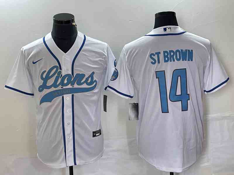 Men's Detroit Lions #14 Amon-Ra St. Brown White Cool Base Stitched Baseball Jersey