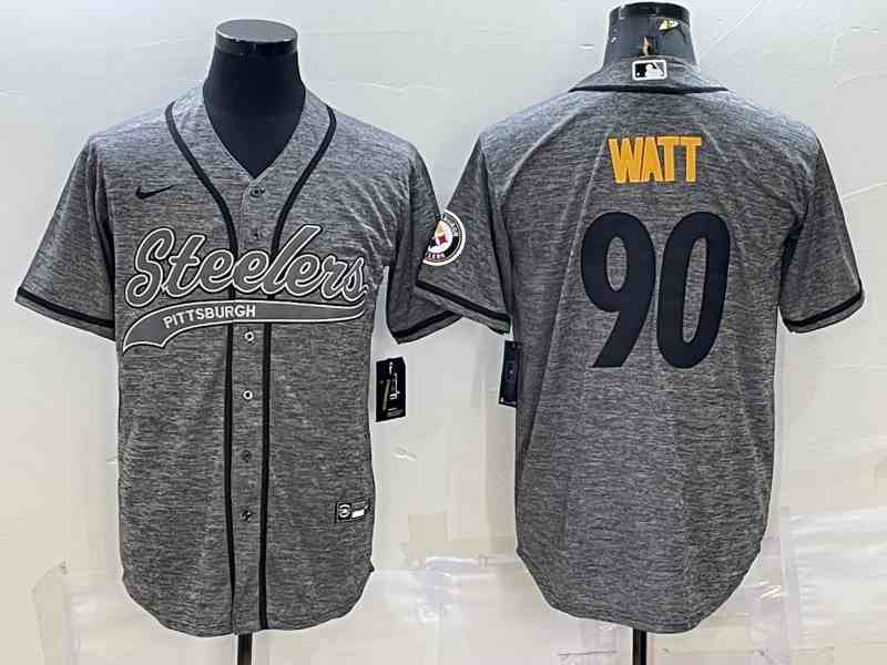 Men's Pittsburgh Steelers #90 T.J. Watt Grey With Patch Cool Base Stitched Baseball Jersey
