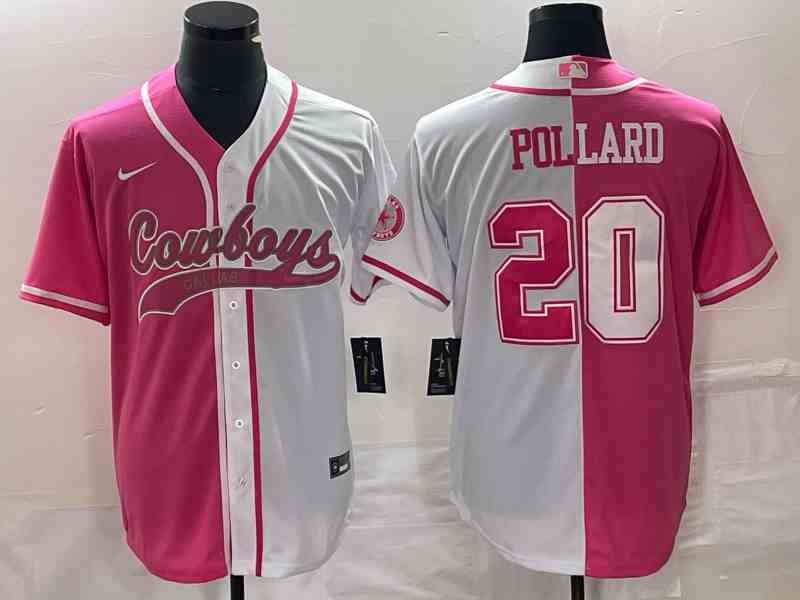 Men's Dallas Cowboys #20 Tony Pollard PinkWhite Split Cool Base Stitched Baseball Jersey