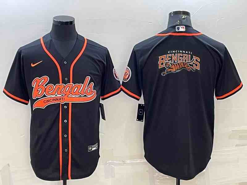 Men's Cincinnati Bengals Black Team Big Logo With Patch Cool Base Stitched Baseball Jersey