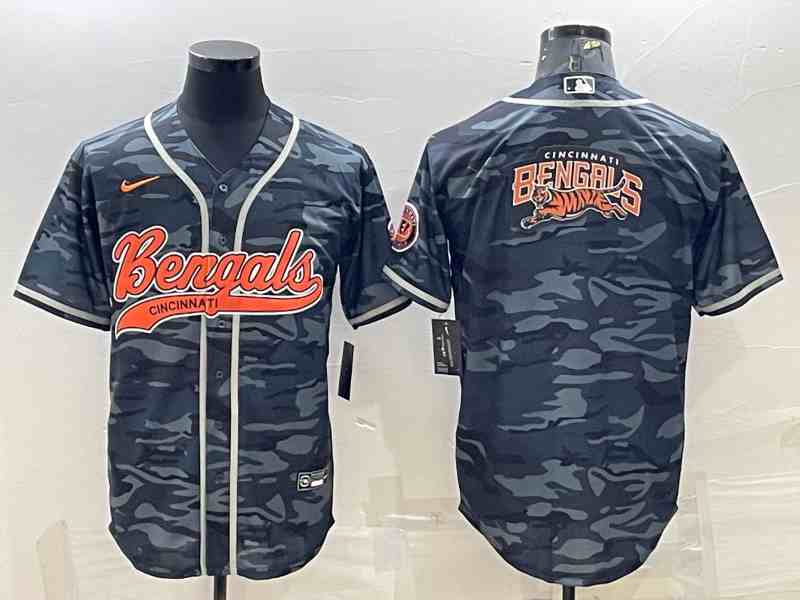 Men's Cincinnati Bengals Grey Camo Team Big Logo With Patch Cool Base Stitched Baseball Jersey