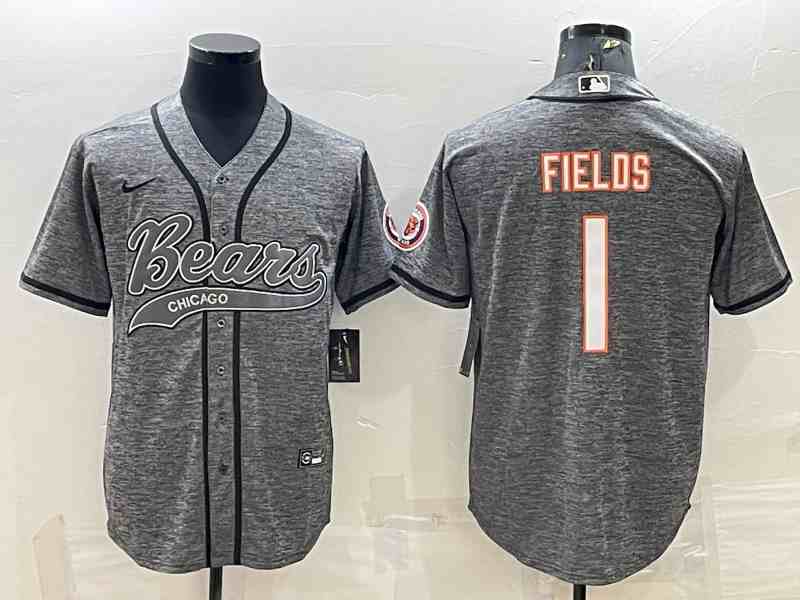 Men's Chicago Bears #1 Justin Fields Gray With Patch Cool Base Stitched Baseball Jersey