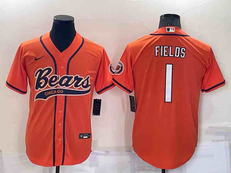 Men's Chicago Bears #1 Justin Fields Orange Stitched MLB Cool Base Nike Baseball Jersey