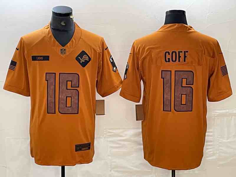 Men's Detroit Lions #16 Jared Goff 2023 Brown Salute To Service Limited Football Stitched Jersey