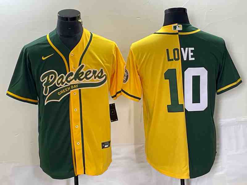 Men's Green Bay Packers #10 Jordan Love  Green Yellow Split With Patch Cool Base Stitched Baseball Jersey