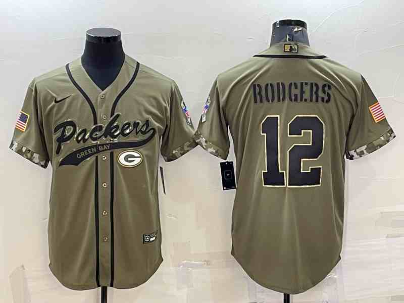 Men's Green Bay Packers #12 Aaron Rodgers Olive 2022 Salute to Service Cool Base Stitched Baseball Jersey