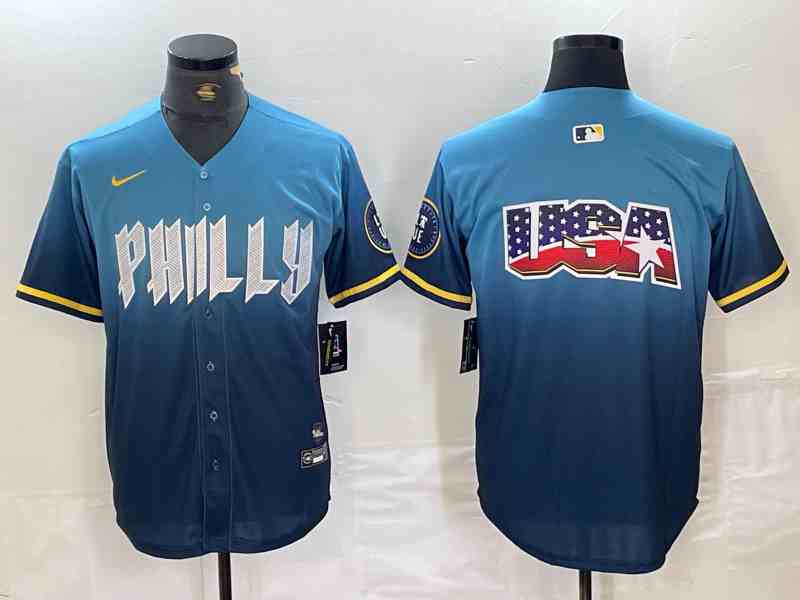 Men's Philadelphia Phillies Blank Blue  Big Logo USA 2024 City Connect Limited Stitched Jersey
