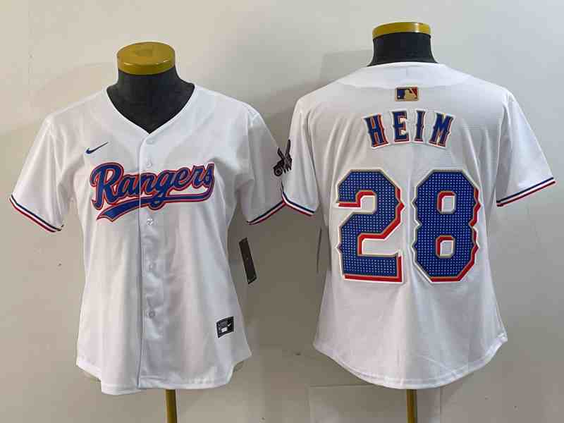 Women's  Texas Rangers #28 Jonah Heim White 2023 World Series Champions Cool Base Jersey