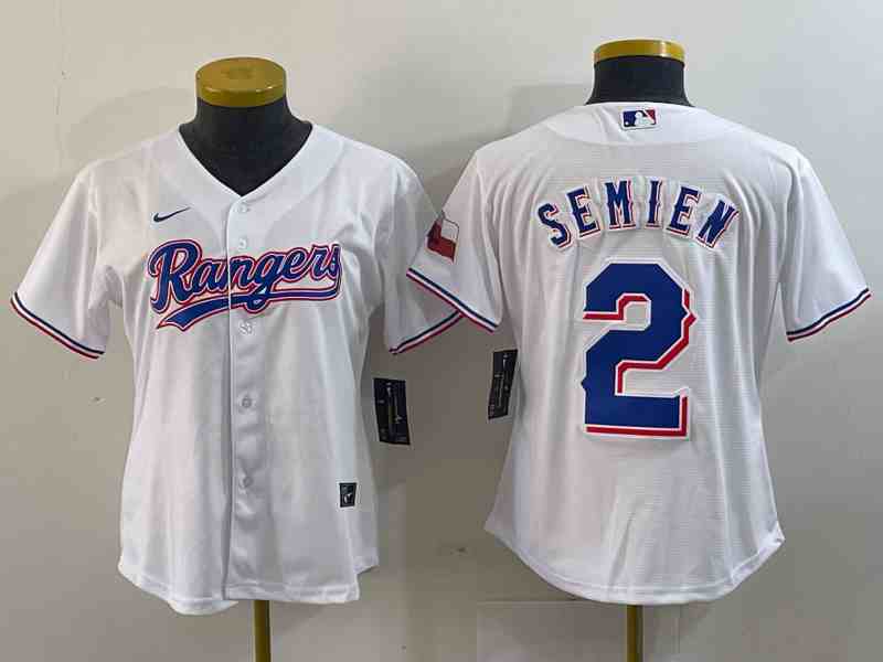 Women's  Texas Rangers #2 Marcus Semien White 2023 World Series Champions Cool Base Jersey