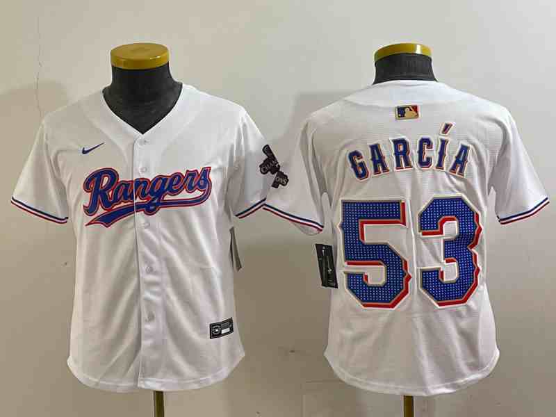 Women's  Texas Rangers #53 Adolis Garcia White 2023 World Series Champions Cool Base Jersey