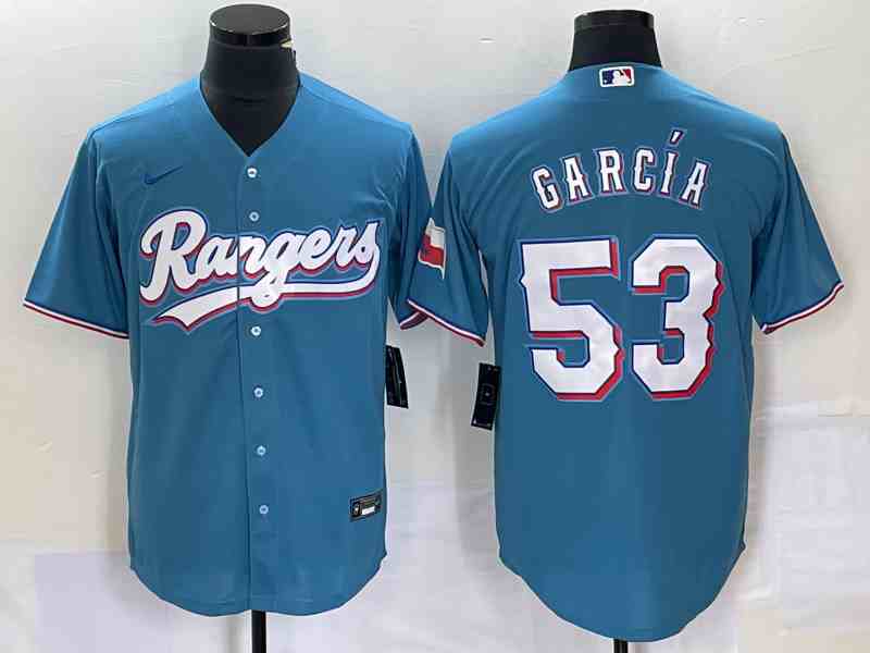 Men's Texas Rangers #53 Adolis Garcia Blue With Patch Cool Base Stitched Jersey