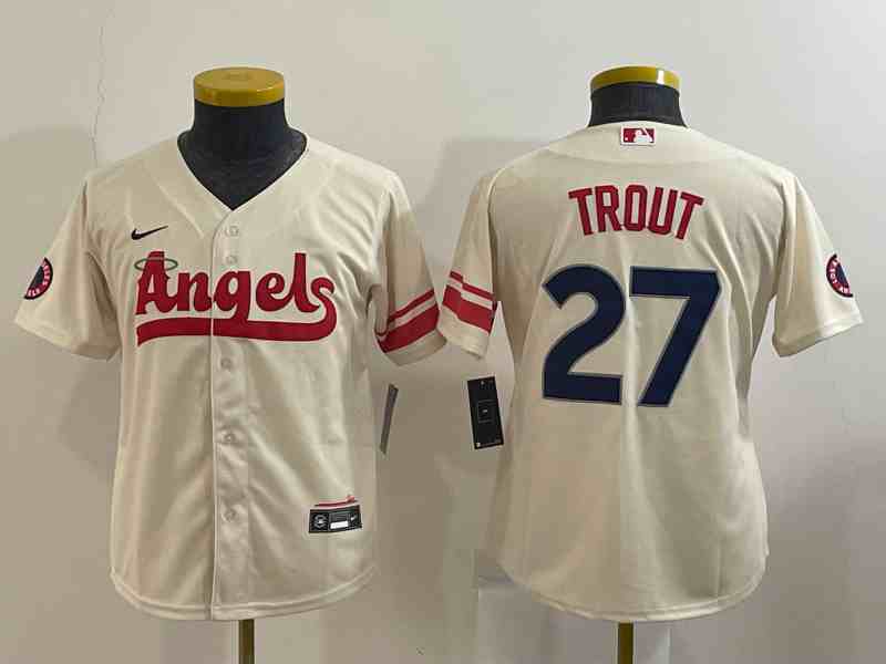 Youth Los Angeles Angels #27 Mike Trout Cream 2022 City Connect Cool Base Stitched Jersey