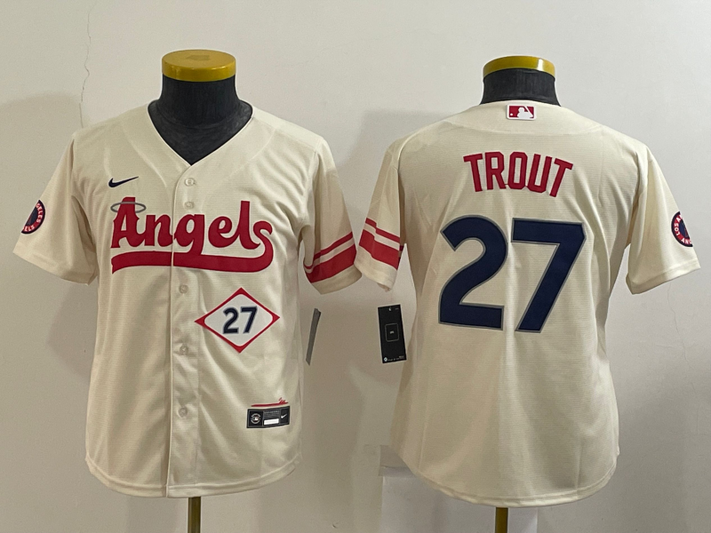 Women's Los Angeles Angels #27 Mike Trout Number Cream 2022 City Connect Cool Base Stitched Jersey