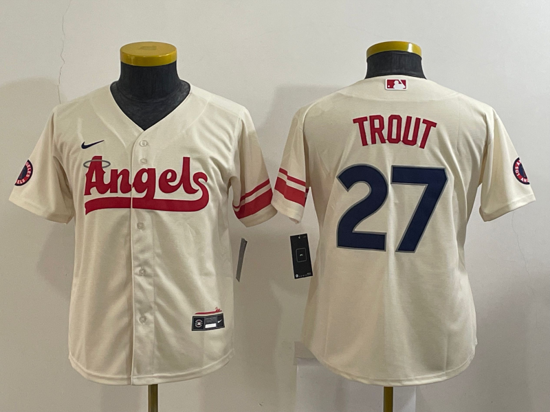 Women's Los Angeles Angels #27 Mike Trout Cream 2022 City Connect Cool Base Stitched Jersey