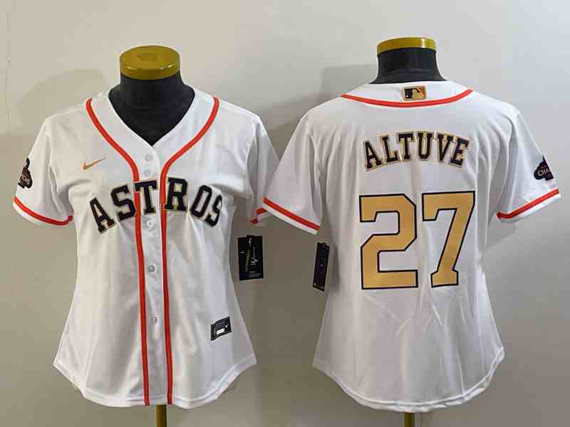 Youth Houston Astros #27 Jose Altuve 2023 White Gold World Serise Champions Patch Cool Base Stitched Jersey