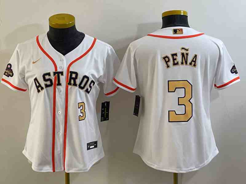 Youth Houston Astros #3 Jeremy Pena 2023 White Gold World Serise Champions Patch Cool Base Stitched Jersey 1