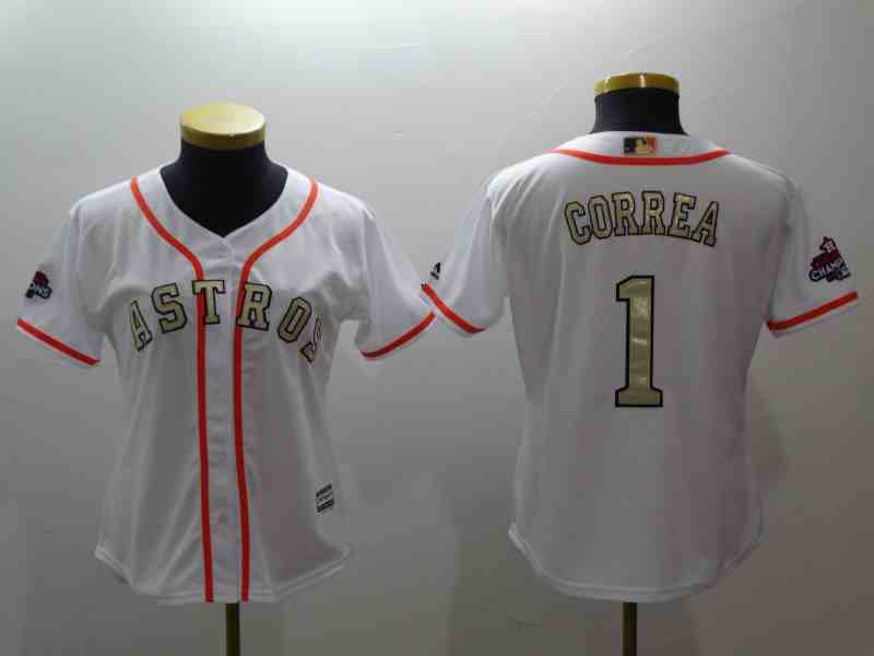 Youth Houston Astros #1 Carlos Correa White  Gold Program Cool Base Jersey