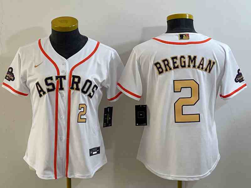 Youth Houston Astros #2 Alex Bregman 2023 White Gold World Serise Champions Patch Cool Base Stitched Jersey 1