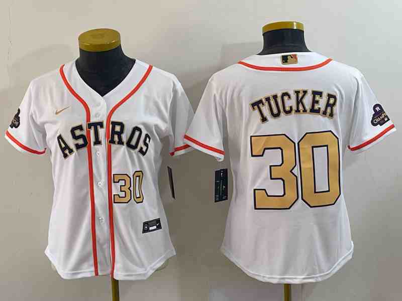 Youth Houston Astros #30 Kyle Tucker 2023 White Gold World Serise Champions Patch Cool Base Stitched Jersey 1