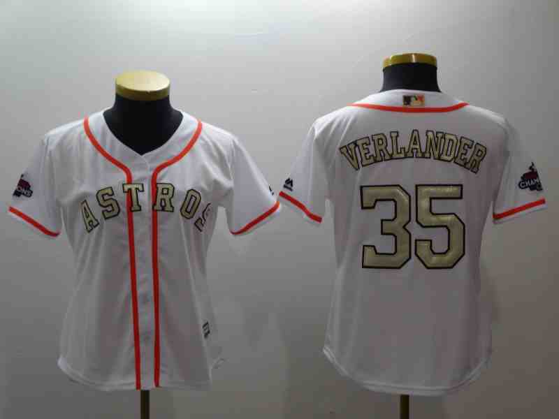 Women's Houston Astros #35 Justin Verlander White Gold Program Cool Base Jersey
