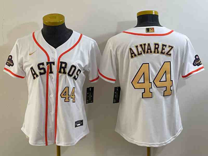 Women's Houston Astros #44 Yordan Alvarez 2023 White Gold World Serise Champions Patch Cool Base Stitched Jersey 1