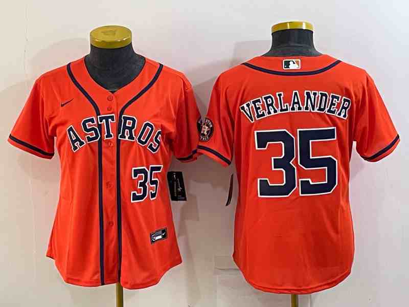 Women's Houston Astros #35  Justin Verlander Orange Stitched MLB Cool Base Nike Jersey1