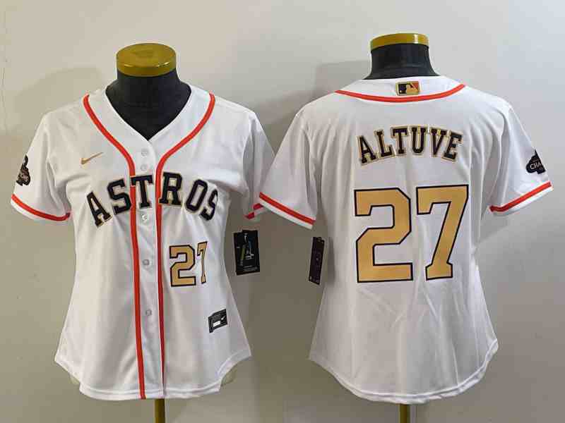 Women's Houston Astros #27 Jose Altuve 2023 White Gold World Serise Champions Patch Cool Base Stitched Jersey 1