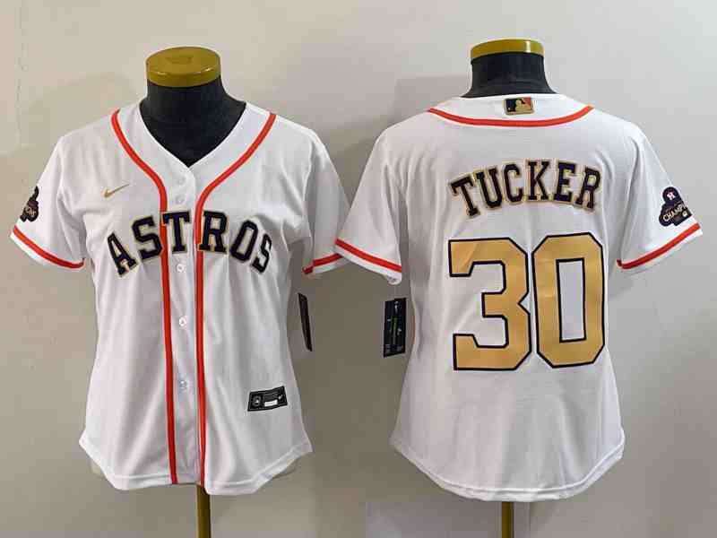 Women's Houston Astros #30 Kyle Tucker 2023 White Gold World Serise Champions Patch Cool Base Stitched Jersey