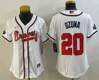 Women's Atlanta Braves #20 Marcell Ozuna White Gold World Series Champions Cool Base Stitched Jersey