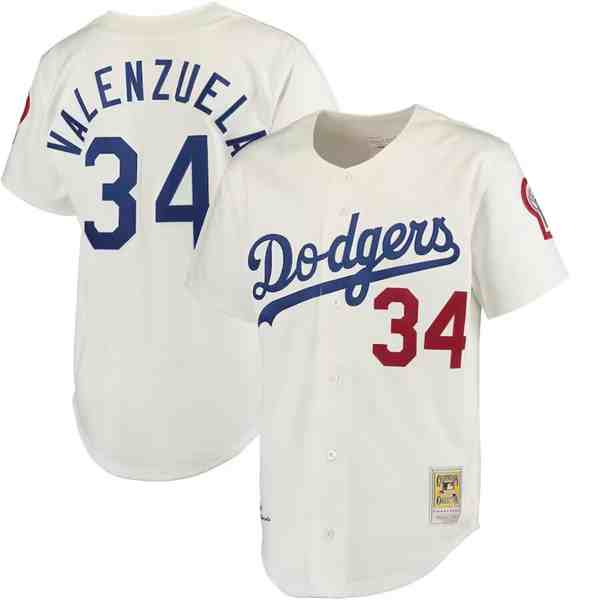 Men's Los Angeles Dodgers #34 Fernando Valenzuela Cream Mitchell & Ness Stitched Baseball Jersey