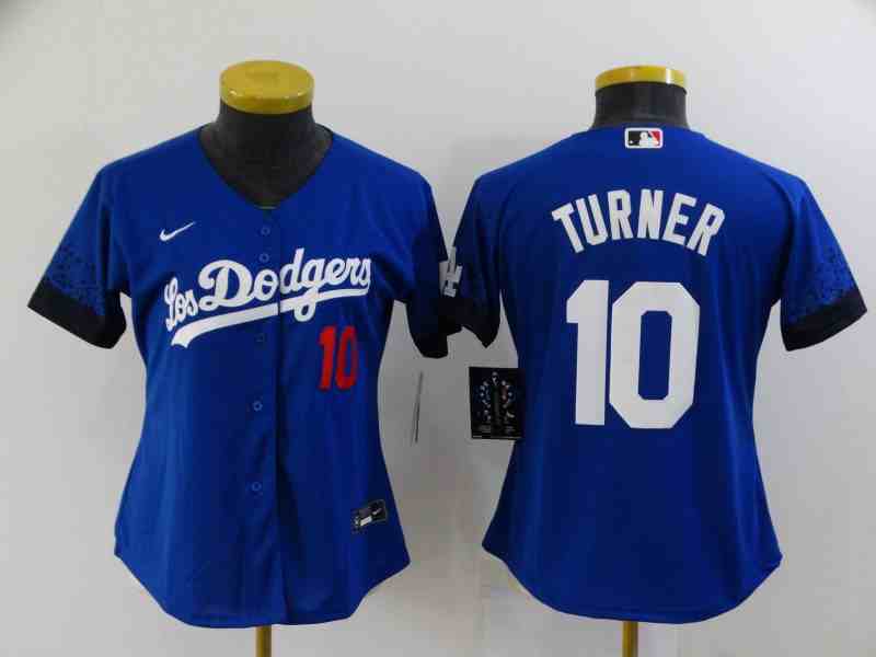 Women's Los Angeles Dodgers #10 Justin Turner Royal Blue 2021 City Connect Cool Base Jersey with front of number