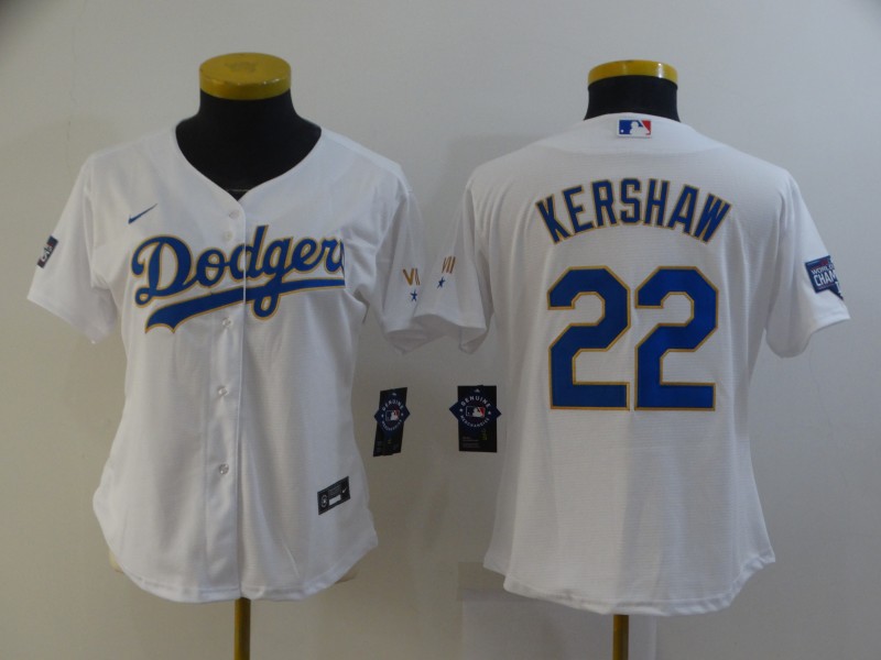 Women's Los Angeles Dodgers #22 Clayton Kershaw Whit Gold Program Cool Base Jersey