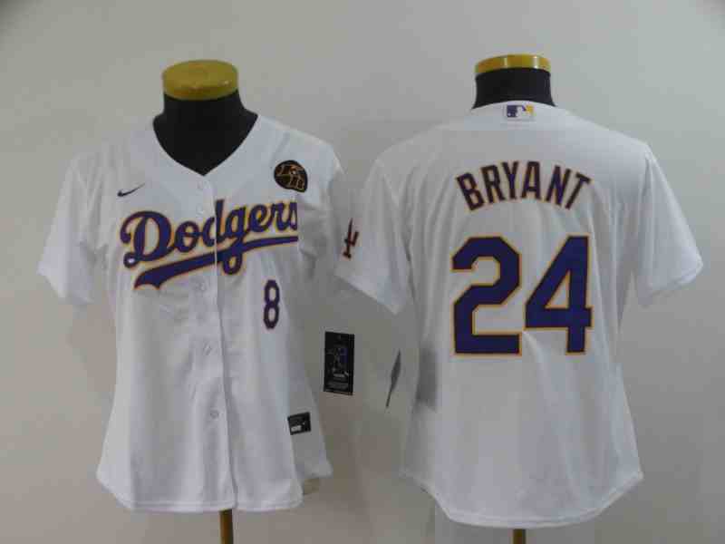 Women's Los Angeles Dodgers #8 & 24 Kobe Bryant Nike White Purple No. Cool Base 2020 KB Patch Jersey