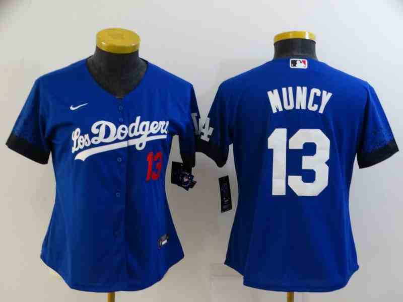 Women's Los Angeles Dodgers #13 Max Muncy Royal Blue 2021 City Connect Cool Base Jersey with front of number