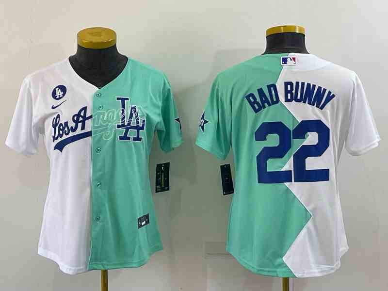 Women's Los Angeles Dodgers #22 Bad Bunny WhiteGreen 2022 All-Star Cool Base Stitched Baseball Jersey3
