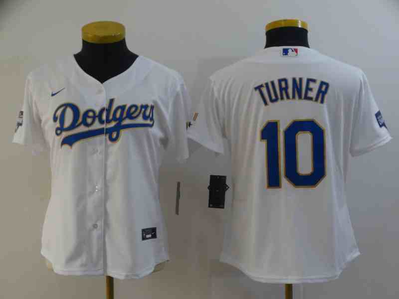 Women's Los Angeles Dodgers #10 Justin Turner  White 2021 Gold Program Cool Base Jersey