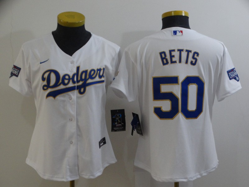 Women's Los Angeles Dodgers #50 Mookie Betts White  Gold Program Cool Base Jersey