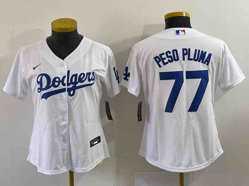 Women's Los Angeles Dodgers #77 Peso Pluma White Stitched Baseball Jersey