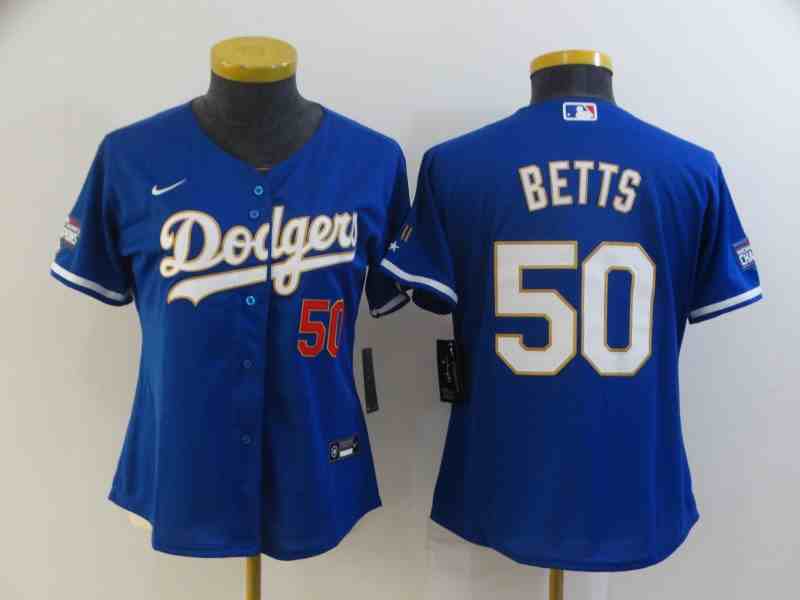 Women's Los Angeles Dodgers #50 Mookie Betts Blue Gold Program Cool Base Jersey