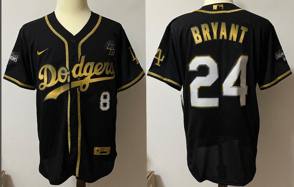 Dodgers 8 & 24 Kobe Bryant black Gold Nike KB Cool Base Jersey
