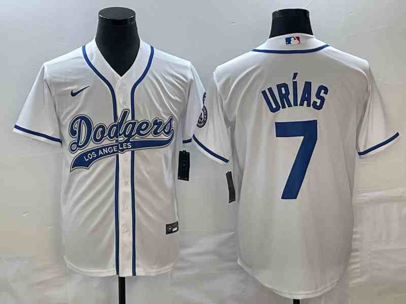 Men's Los Angeles Dodgers #7 Julio Urias White With Patch Cool Base Stitched Baseball Jersey1