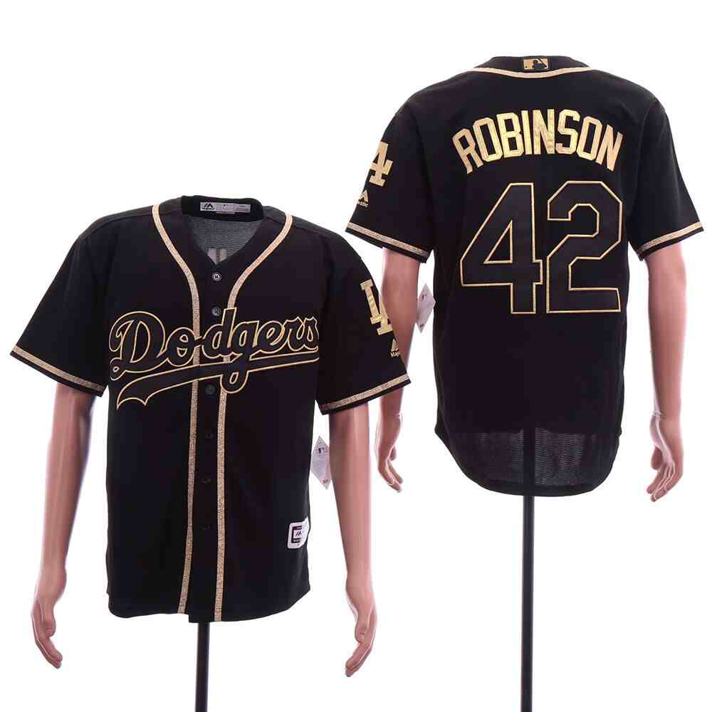 Men's Los Angeles Dodgers #42 Jackie Robinson Black Gold Cool Base Jersey