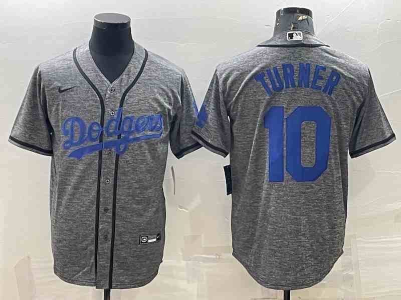 Men's Los Angeles Dodgers #10 Justin Turner Grey Gridiron Cool Base Stitched Baseball Jersey (2)