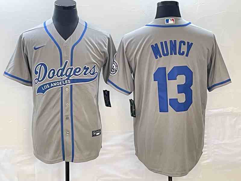 Men's Los Angeles Dodgers #13 Max Muncy Grey With Patch Cool Base Stitched Baseball Jersey2