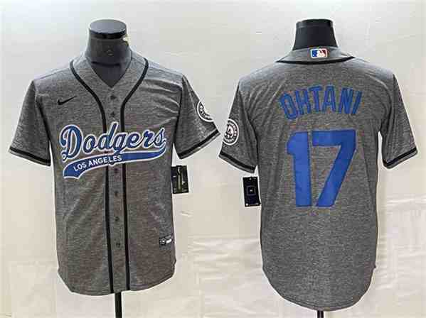 Men's Los Angeles Dodgers #17 Shohei Ohtani Gray Cool Base With Patch Stitched Baseball  Jersey