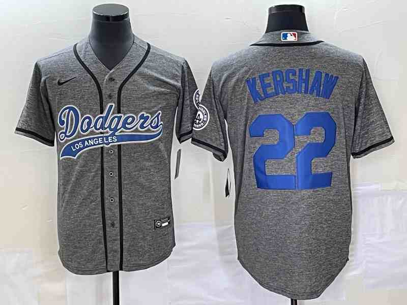 Men's Los Angeles Dodgers #22 Clayton Kershaw Grey Gridiron Cool Base Stitched Baseball Jersey