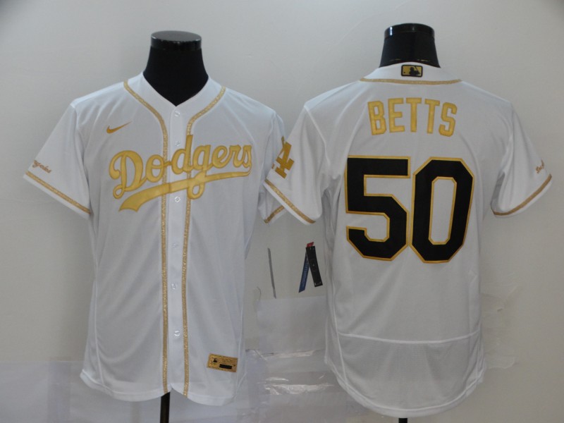 Men's Los Angeles Dodgers #50 Mookie Betts White Gold 2020 Nike Flexbase Jersey