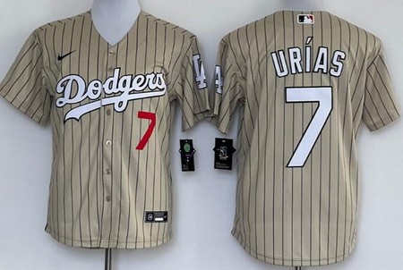 Men's Los Angeles Dodgers #7 Julio Urias Khaki Stripes Cool Base Jersey