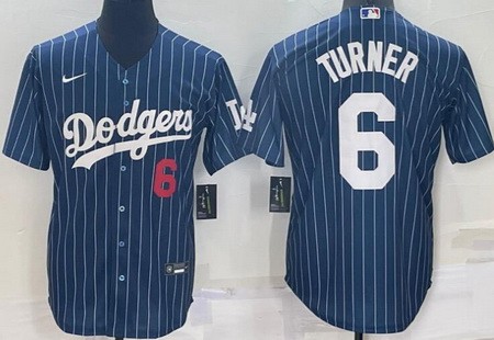 Men's Los Angeles Dodgers #6 Trea Turner Blue Stripes Red Number Cool Base Jersey